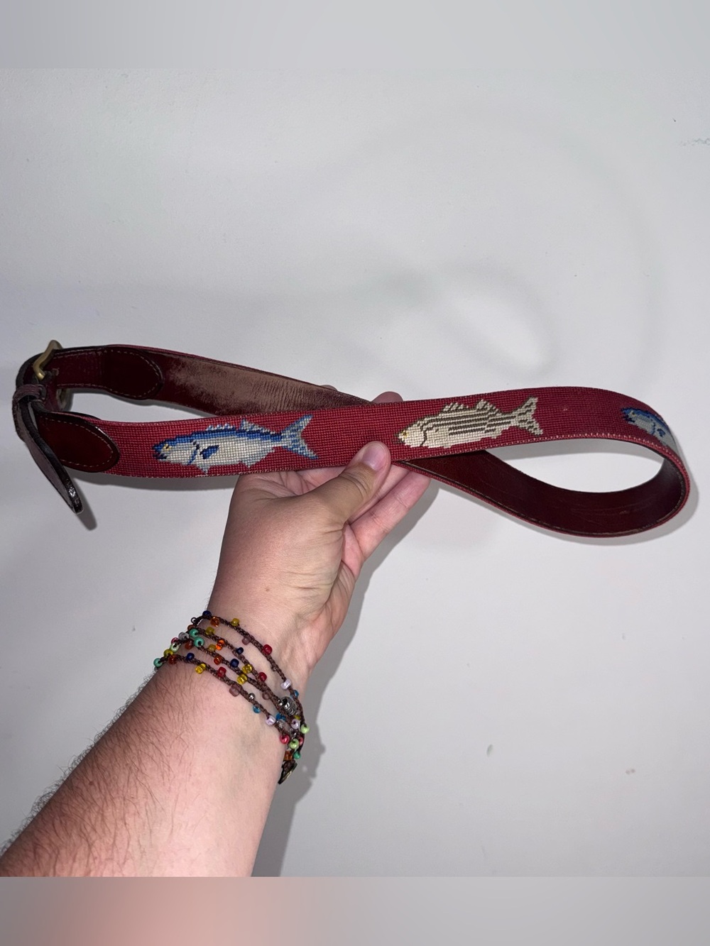 Smathers & Branson Size 36 Red Needlepoint Fish Leather Belt Preppy Coastal